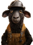 Anthropomorphic sheep wearing a brown hard hat and overalls, standing upright.