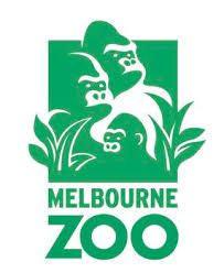 Logo featuring stylized white gorillas surrounded by leaves on a green background. Below the image, the text reads "Melbourne Zoo" in bold, green letters.