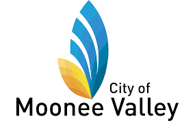 Abstract design with blue, yellow, and orange segments. Text reads "City of Moonee Valley" beneath the design.