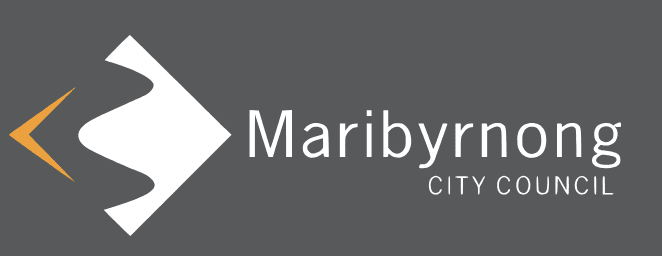 Logo of Maribyrnong City Council on a grey background, with a stylized white and orange arrow design to the left of the council's name in white text.