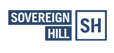 Logo with the text "Sovereign Hill" in two stacked blue rectangles, and the letters "SH" in a separate blue-outlined square to the right.