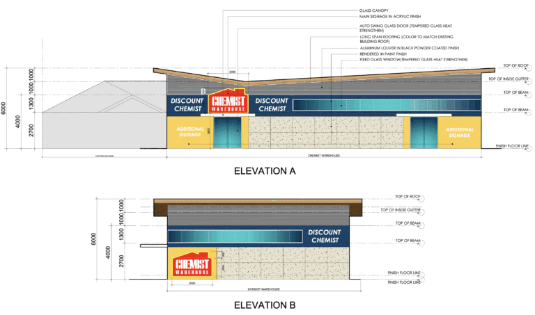Architectural elevations of a modern retail building labeled “Chemist Warehouse Discount Chemist,” with angled roof, large windows, signage, and detailed measurements for both front and side views.